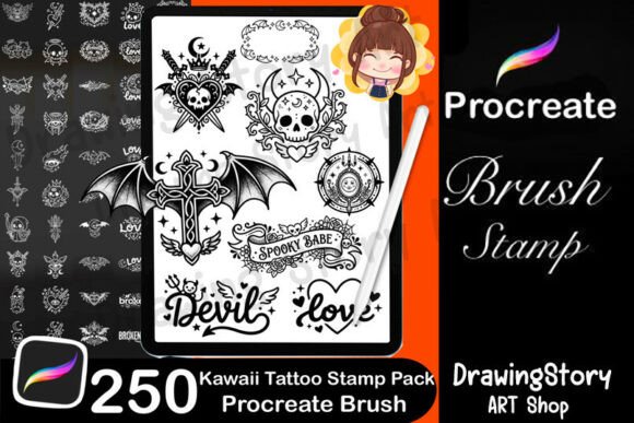 Download 250 Kawaii Tattoo Stamps for Procreate - Premium Resources
